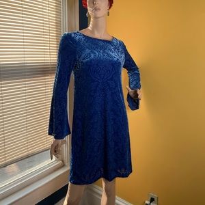 ECI Blue Velvet Paisley Bell Sleeve Dress Size Small